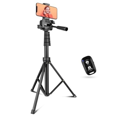 Black tripod with phone, showing a woman, and a remote control