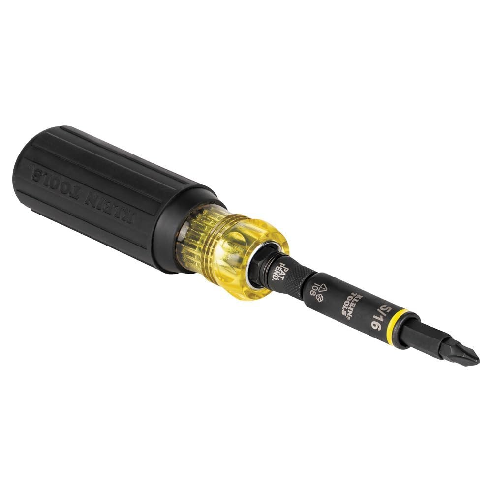 Klein Tools multi-bit screwdriver with black handle and yellow collar