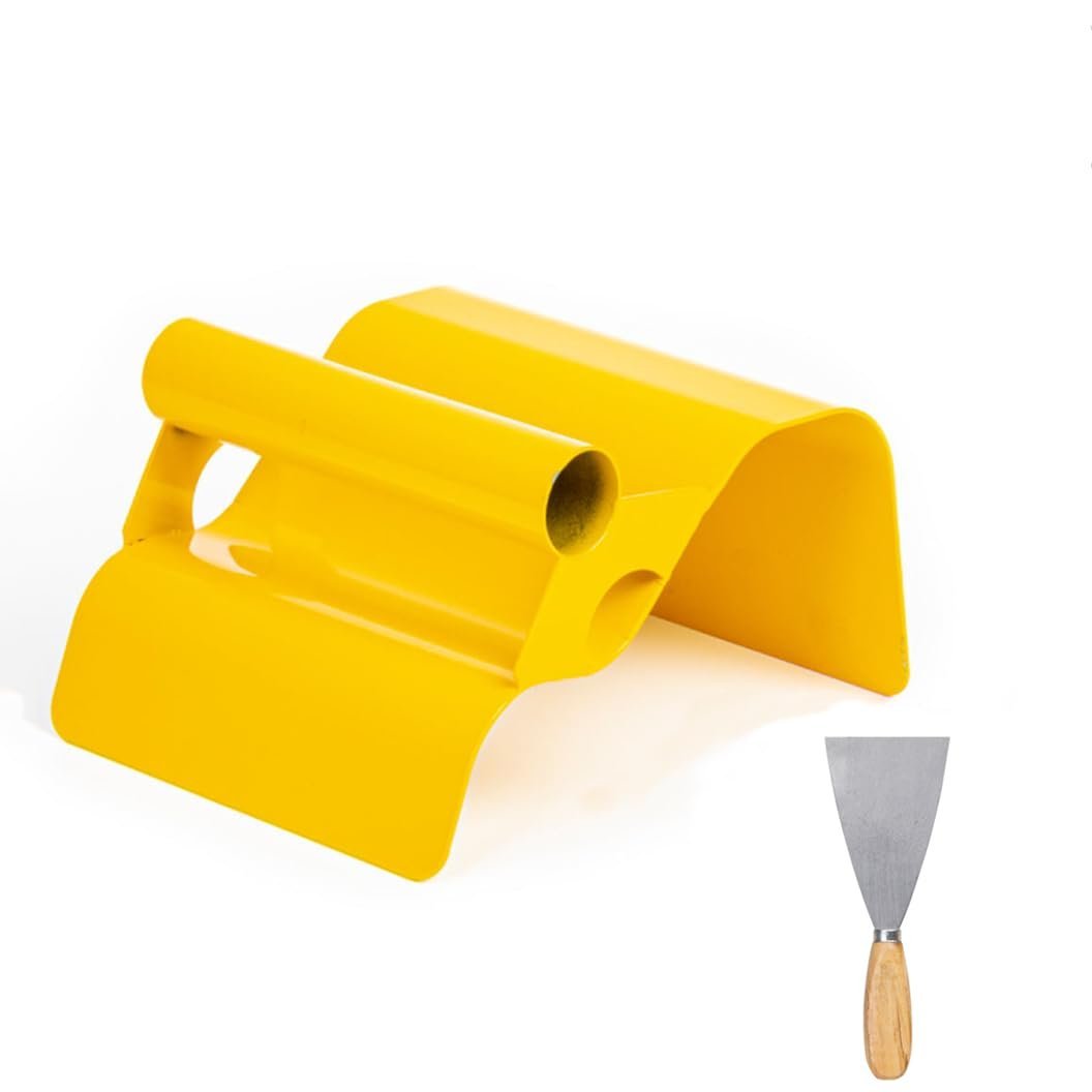 Yellow metal tool holder with a putty knife on a white background