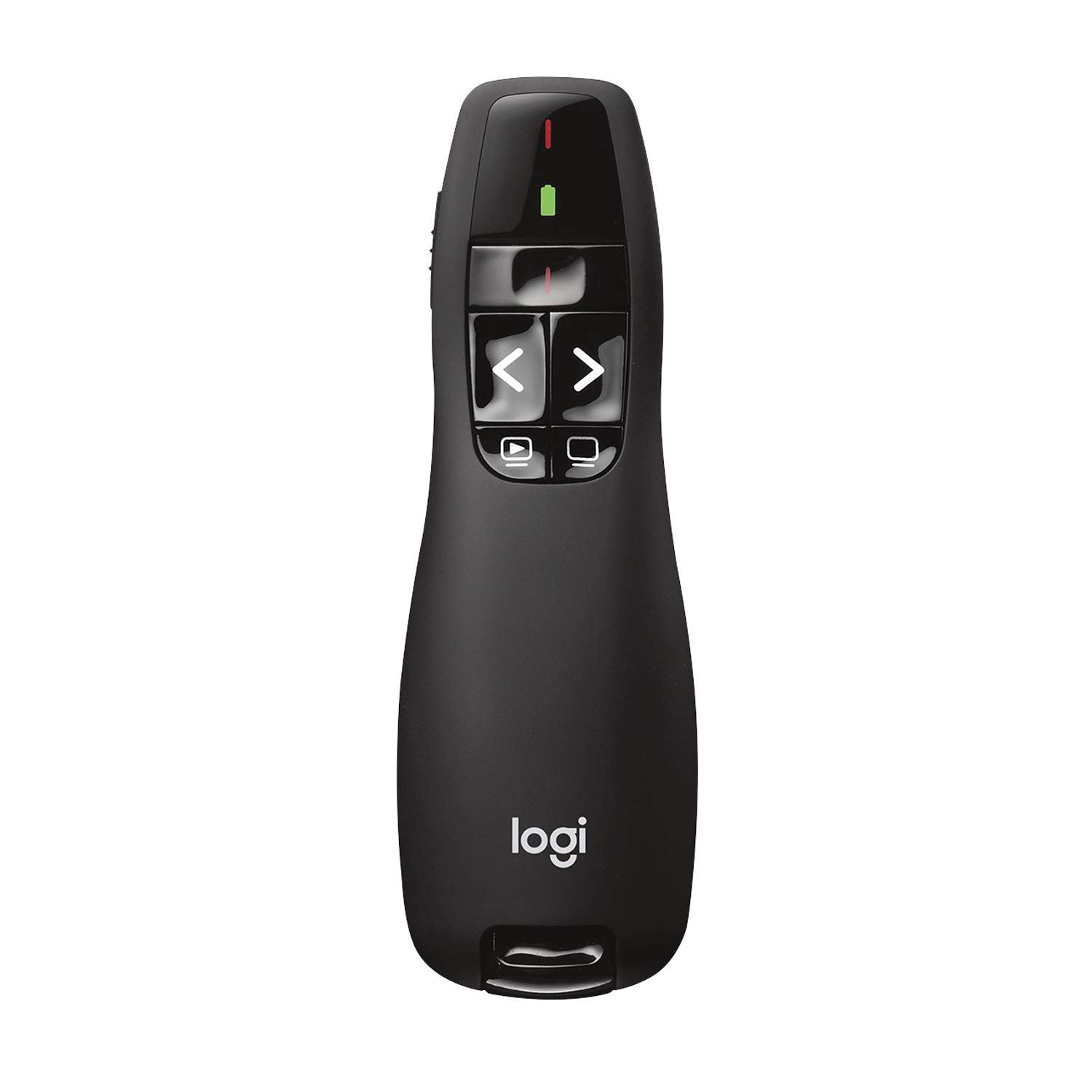 Black Logitech presentation remote with arrow buttons and indicator lights