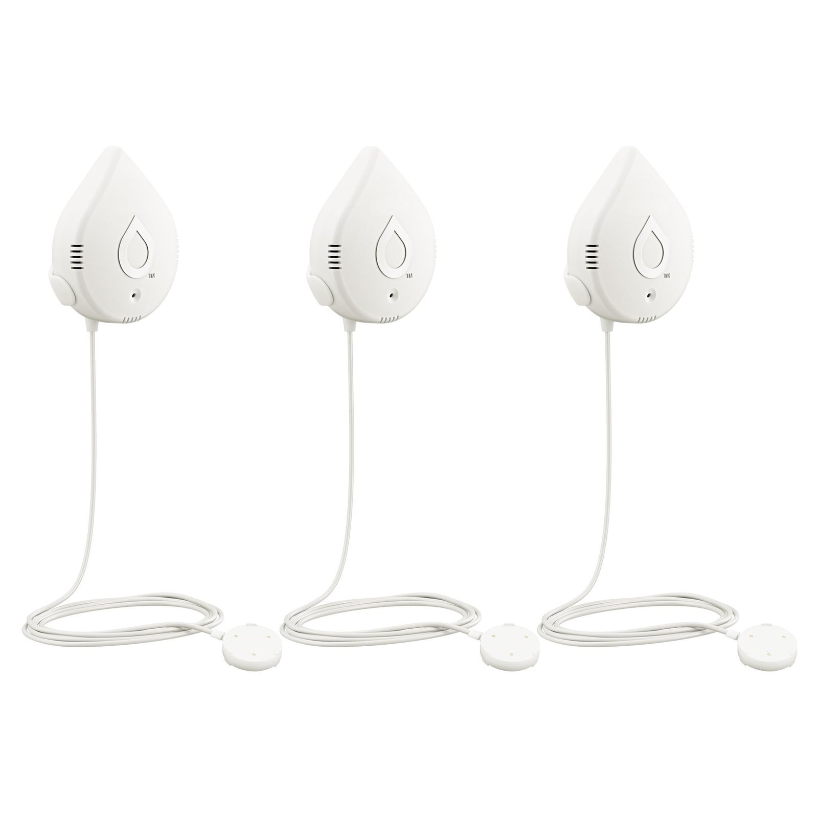 Three white water leak sensors with teardrop design and attached cables