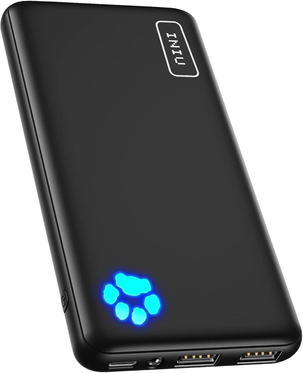 Black portable power bank with blue paw print indicator and ports