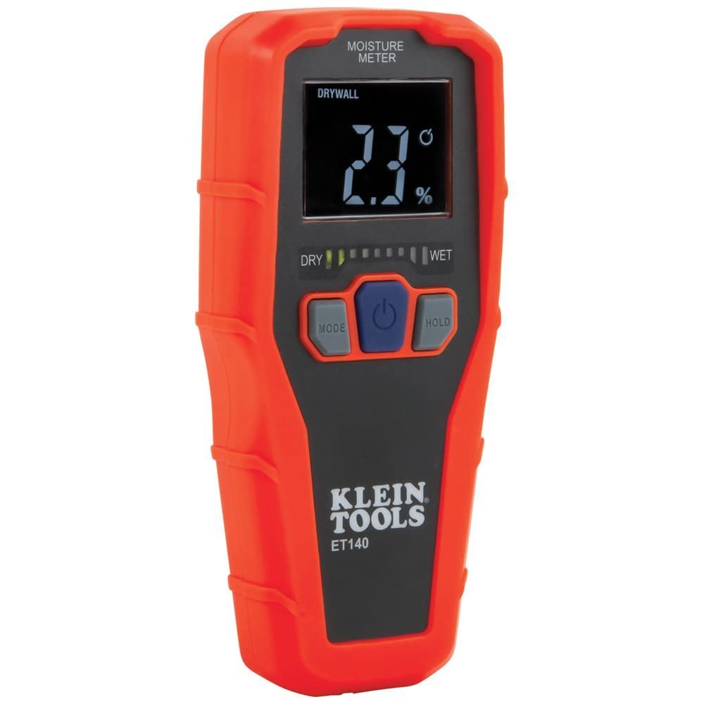 Orange and black Klein Tools moisture meter displaying 2.3% on the screen