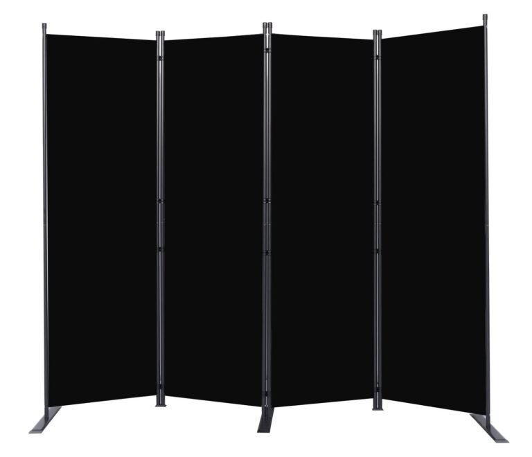 Four-panel black room divider with metal frame and base