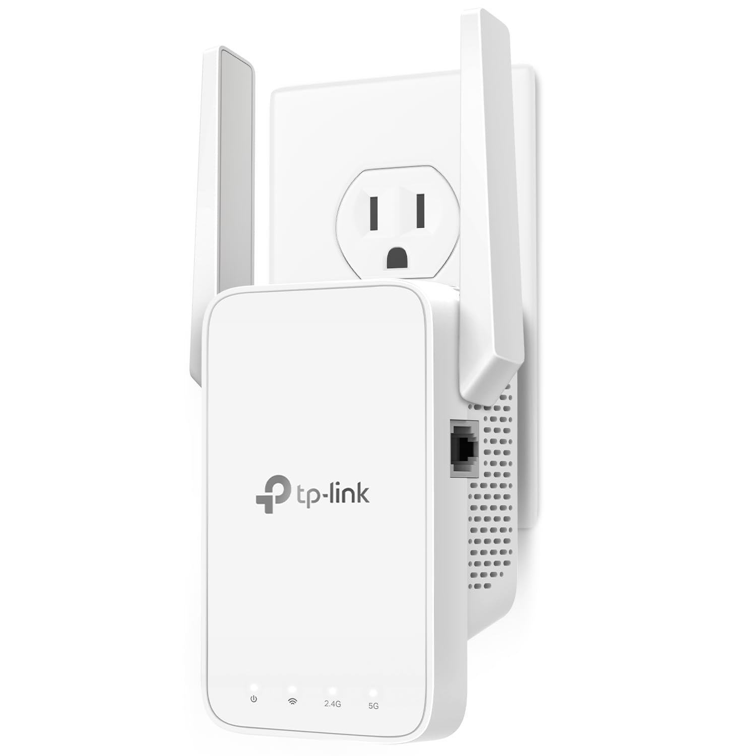 White TP-Link WiFi range extender plugged into a wall outlet