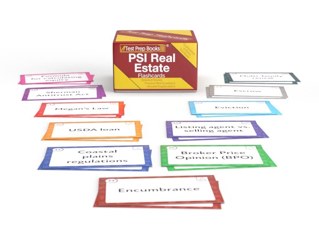 PSI Real Estate flashcards with various real estate terms displayed