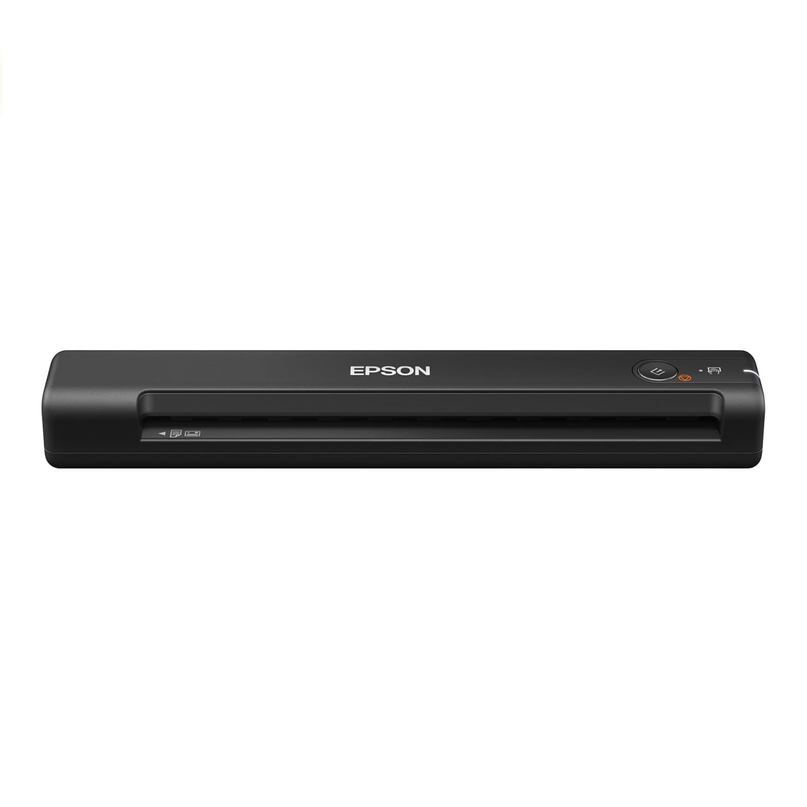 Black Epson portable scanner with buttons and logo on white background