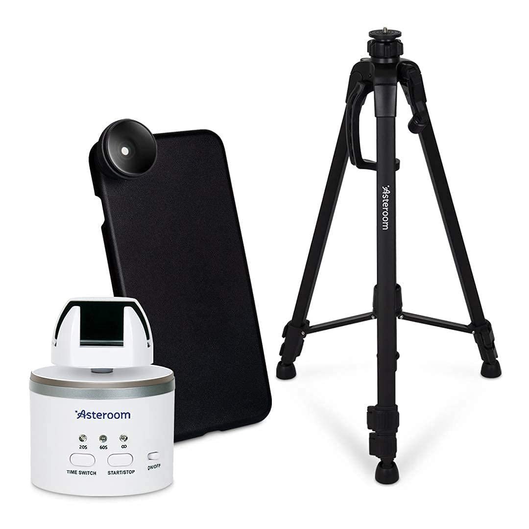 Smartphone accessories: phone case with lens, tripod, and time-lapse device