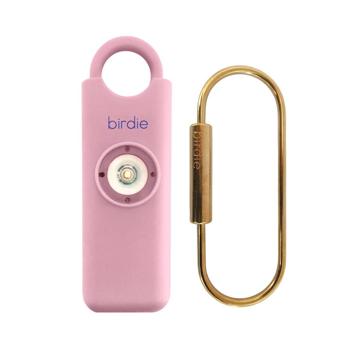 Pink Birdie personal safety alarm with gold carabiner clip