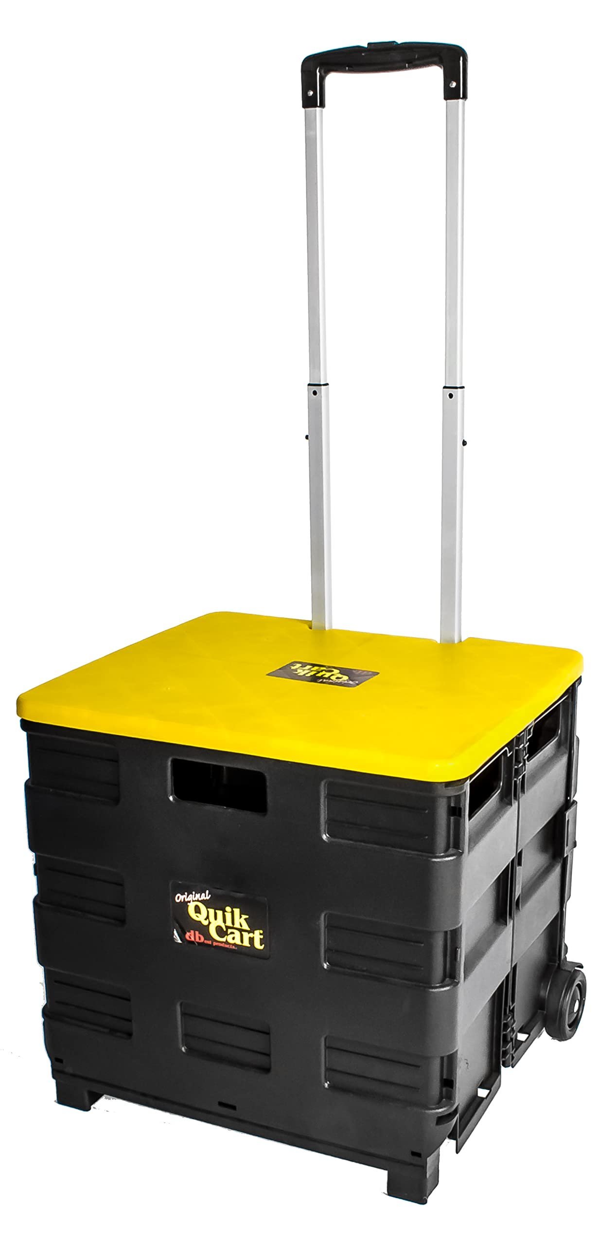 Black and yellow Quik Cart with a telescoping handle and wheels