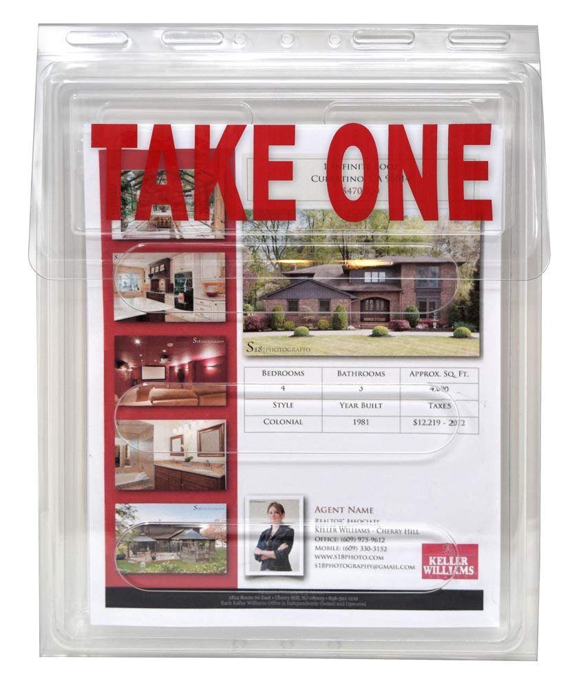 Take One" sign with real estate listing in a clear plastic holder