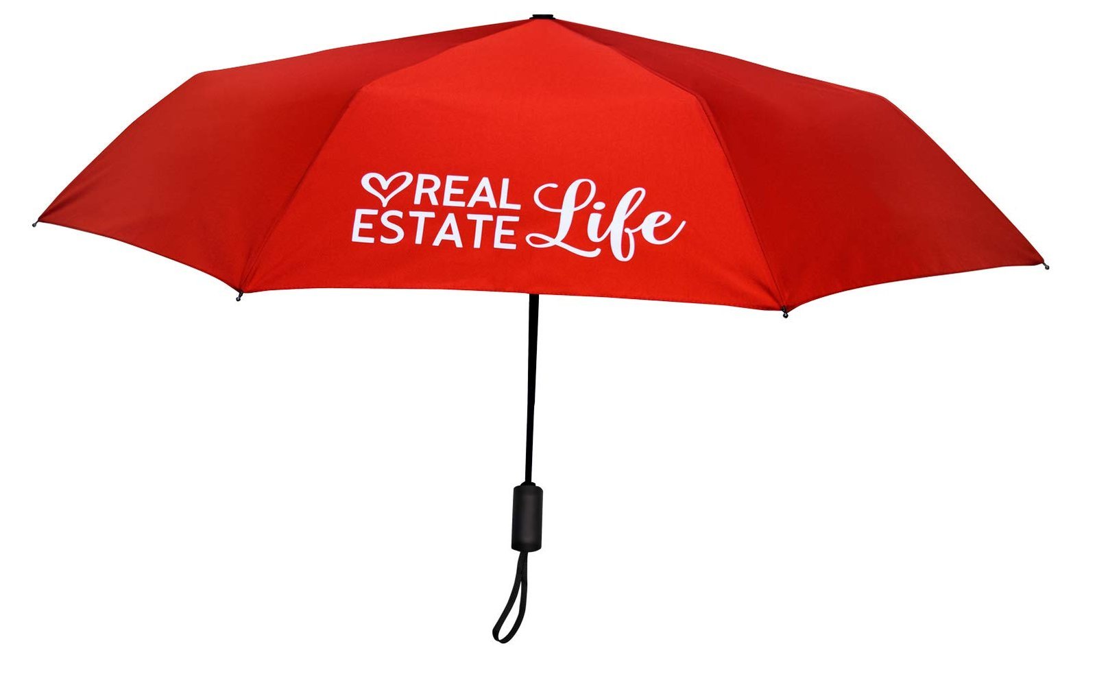 Red umbrella with "Real Estate Life" text in white