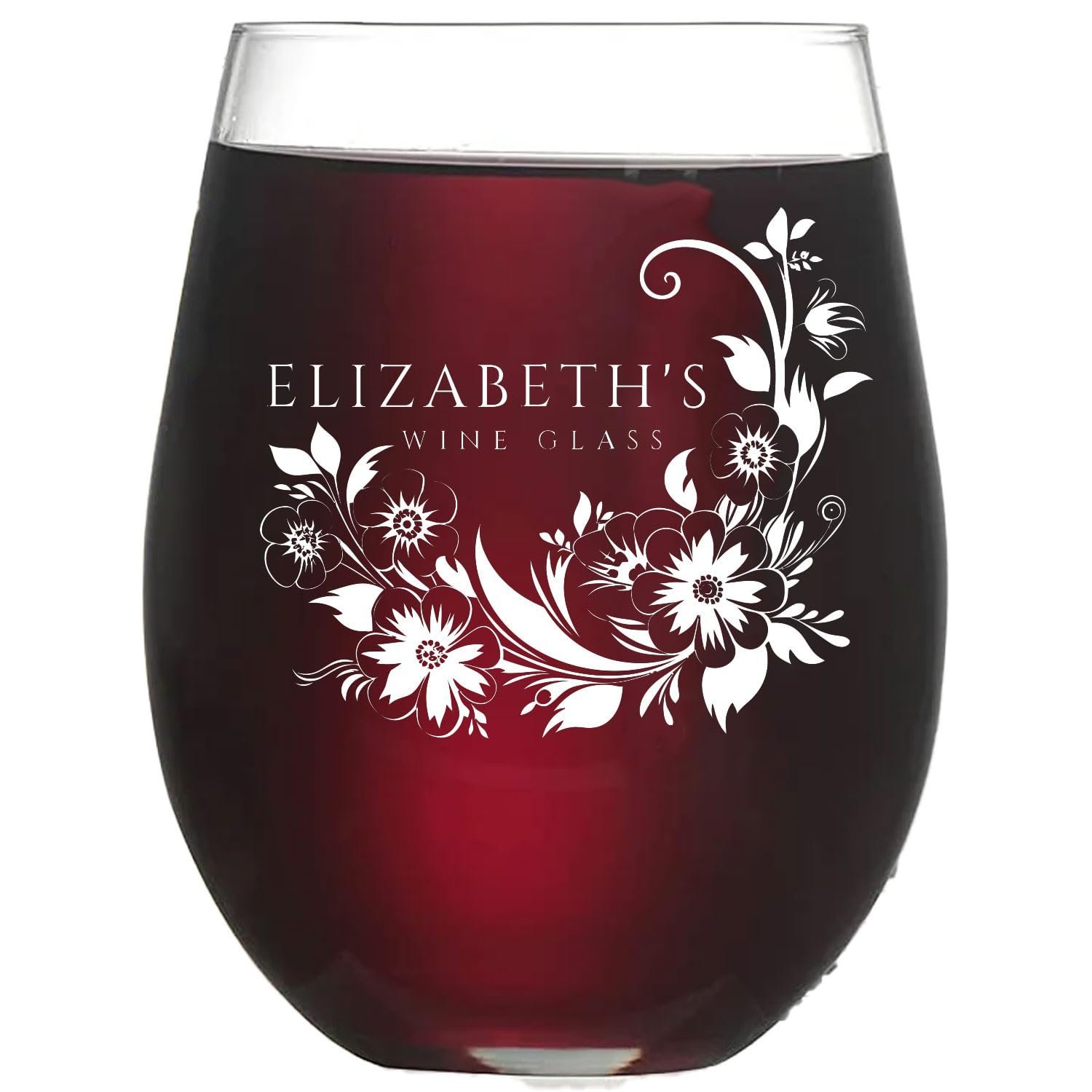 Stemless wine glass filled with red wine, floral design, "Elizabeth's Wine Glass"