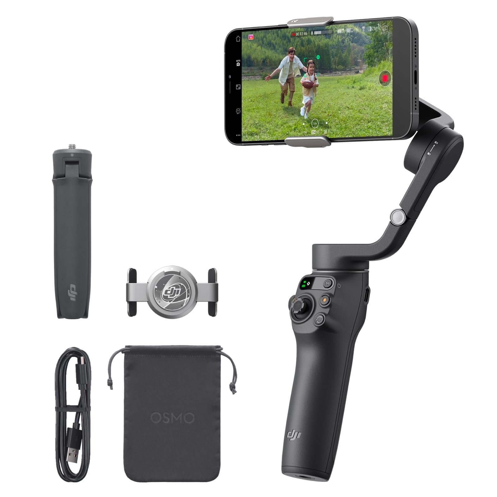 DJI Osmo Mobile gimbal with accessories and phone showing family