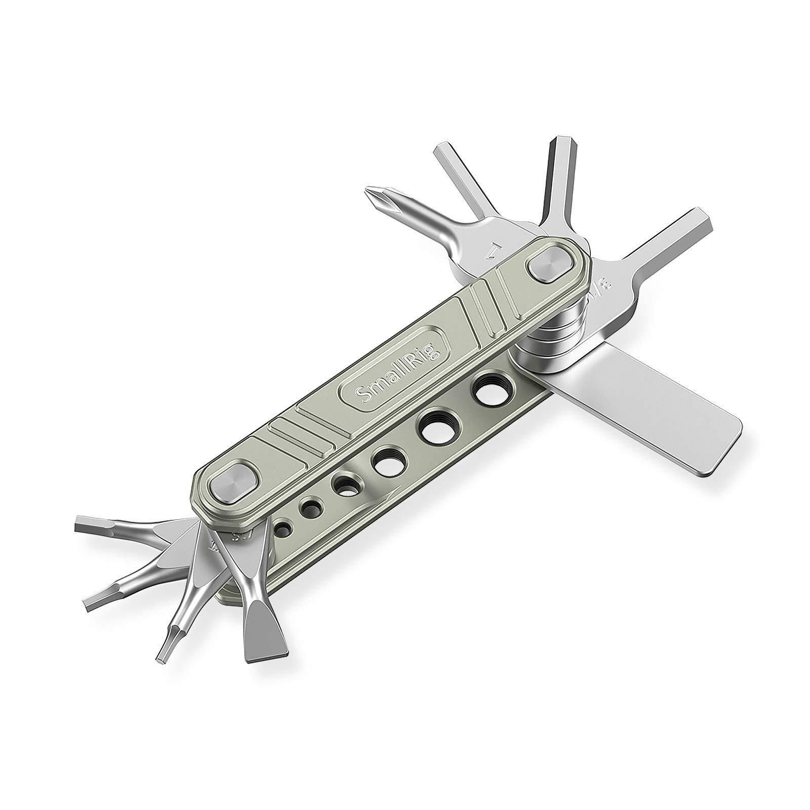 Silver multi-tool with various attachments, including screwdrivers and wrenches