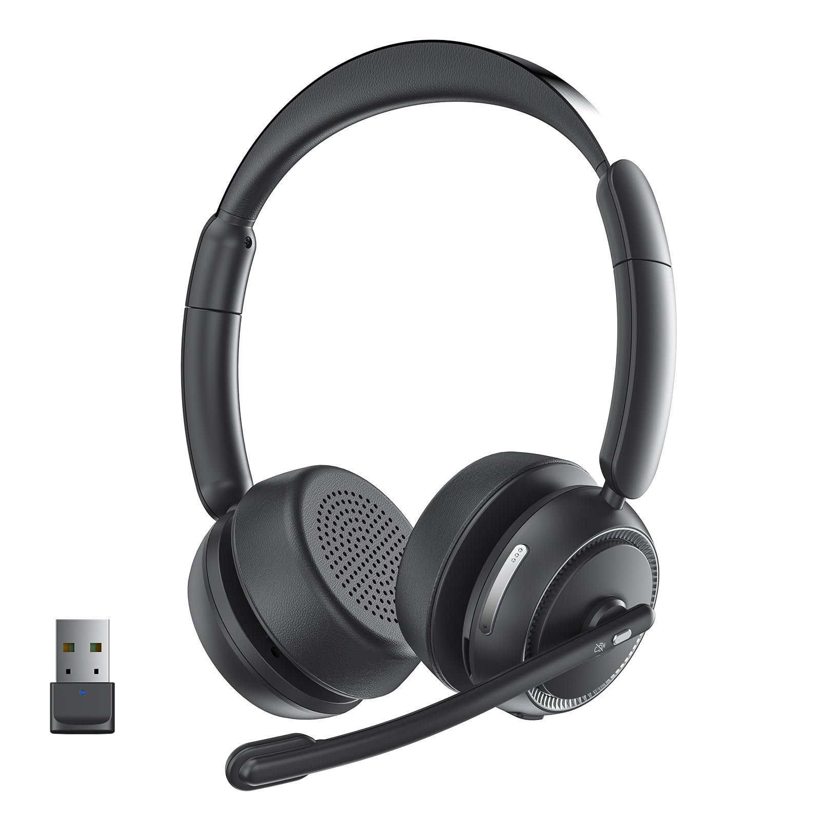 Black wireless headset with microphone and USB dongle