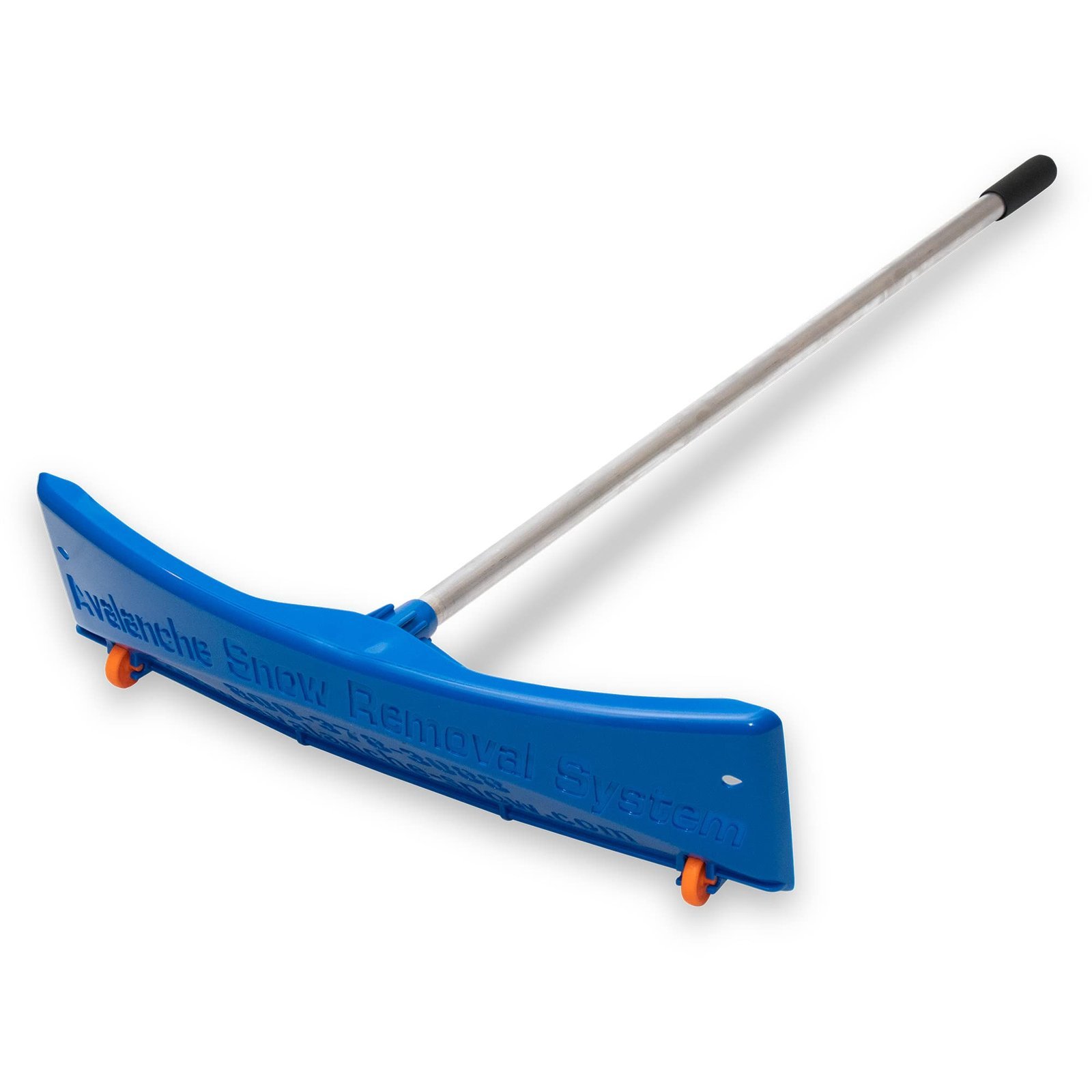 Blue avalanche snow removal tool with long handle and wheels