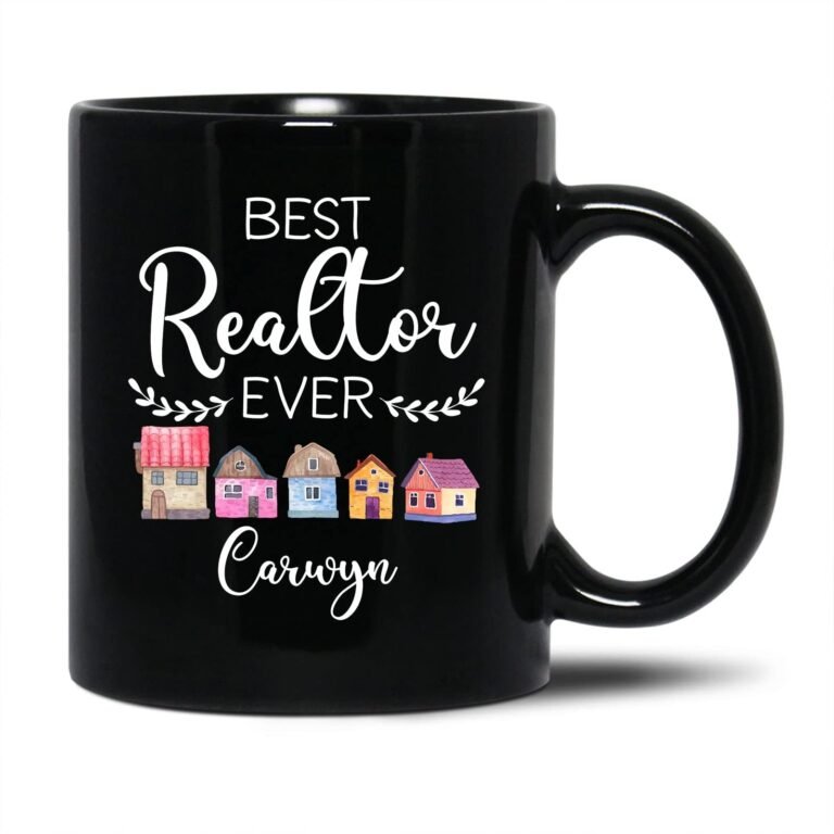Black mug with "Best Realtor Ever" and colorful houses, name "Carwyn"