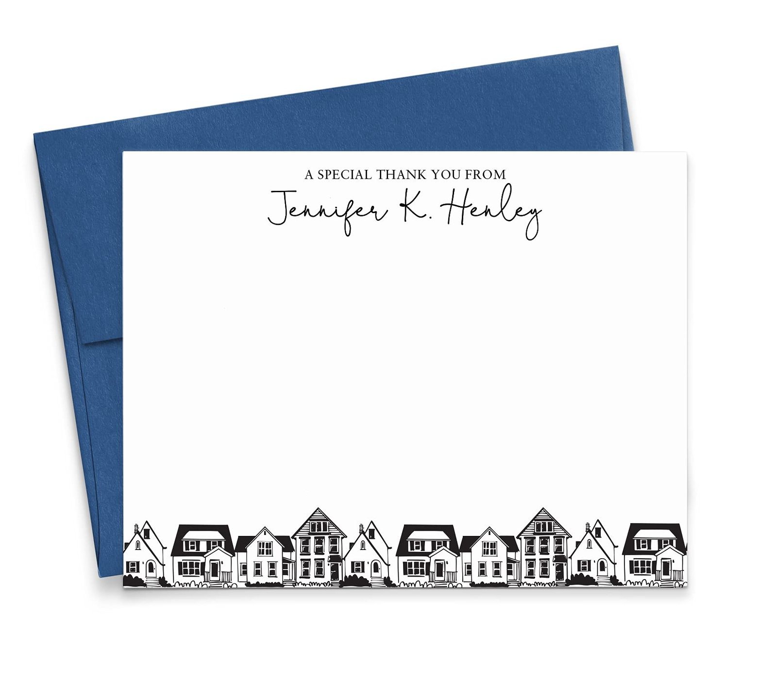 Thank you card with houses illustration and Jennifer K. Henley's name