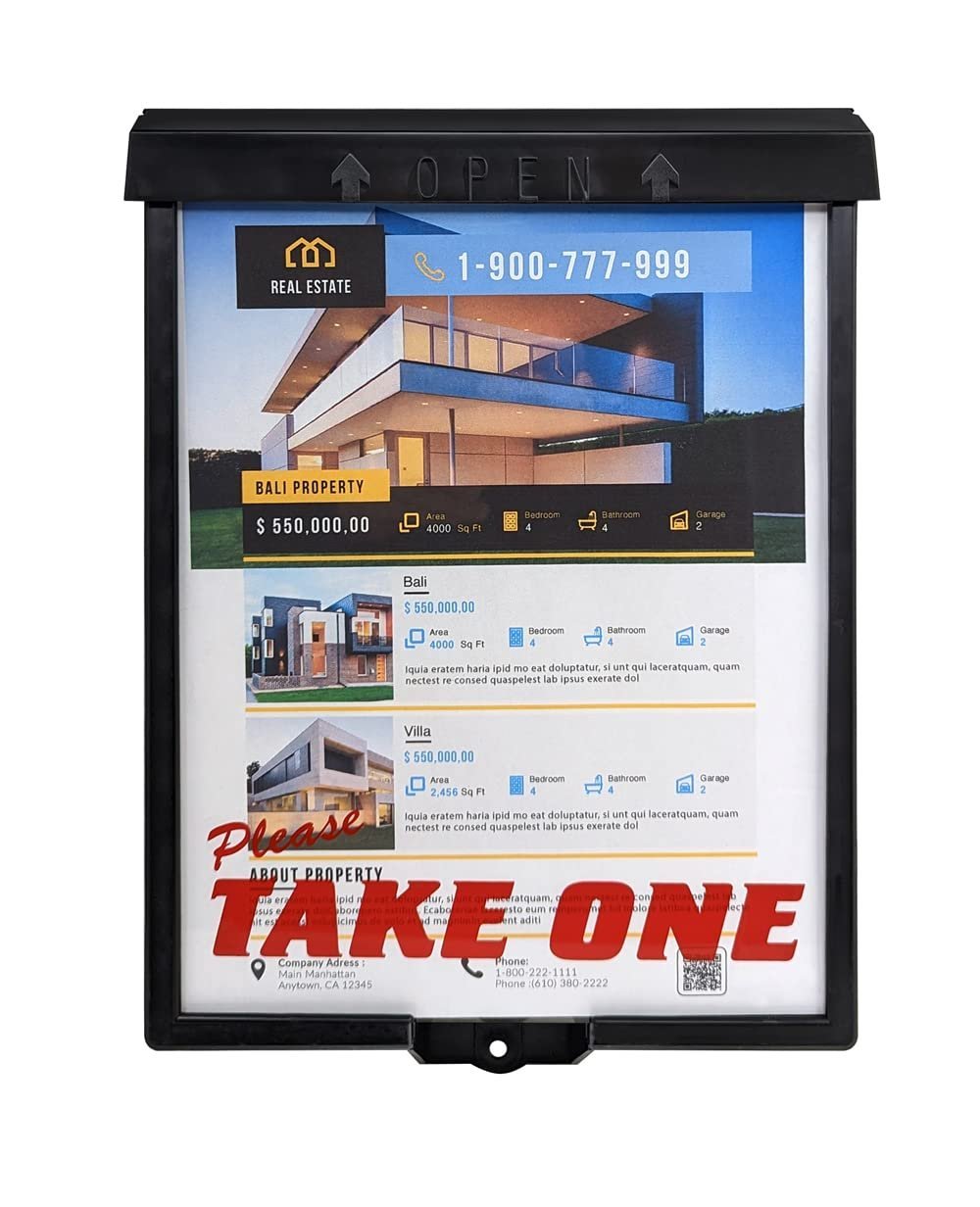 Real estate advertisement with "Take One" sign, featuring Bali and Villa properties