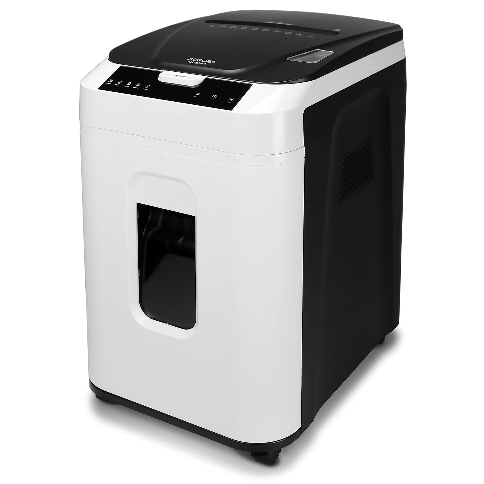 White and black Aurora paper shredder with control panel and viewing window