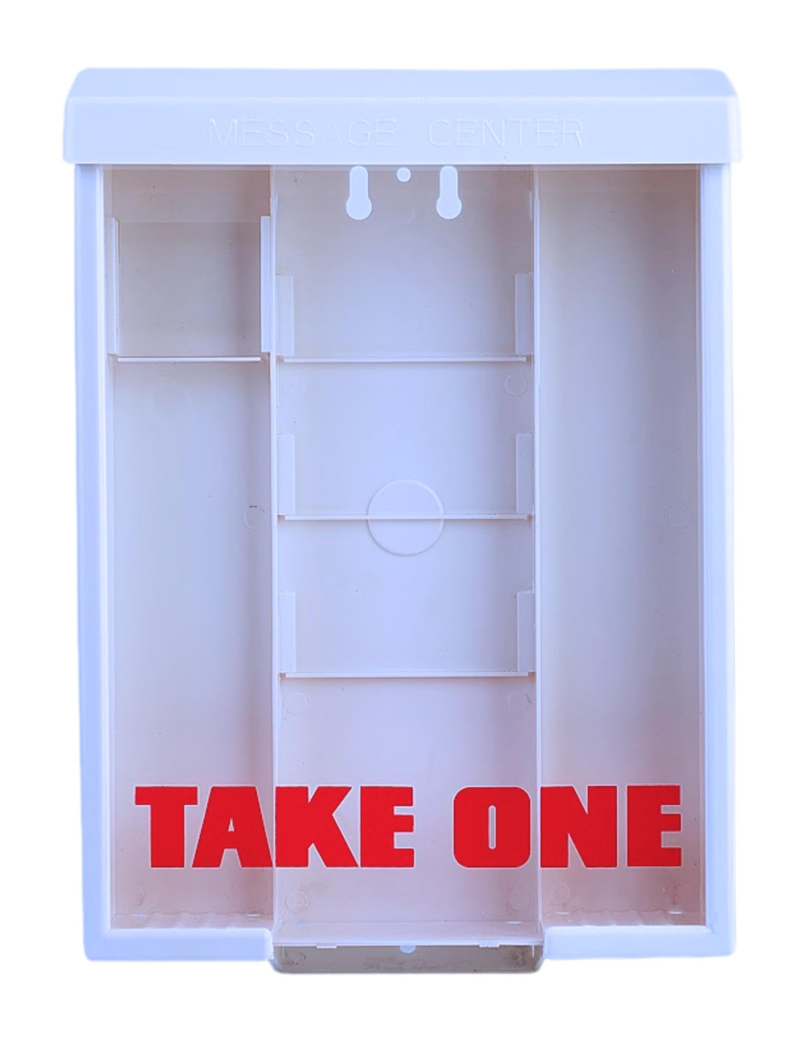 White "Message Center" with "Take One" in red lettering, empty compartments