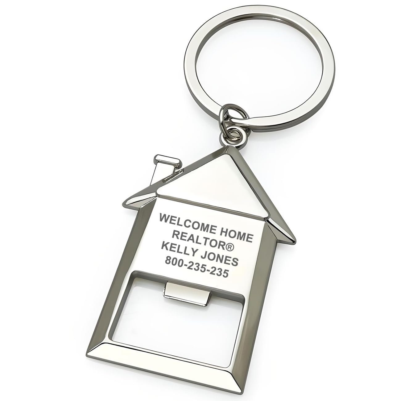 Silver house-shaped realtor keychain with contact information and bottle opener