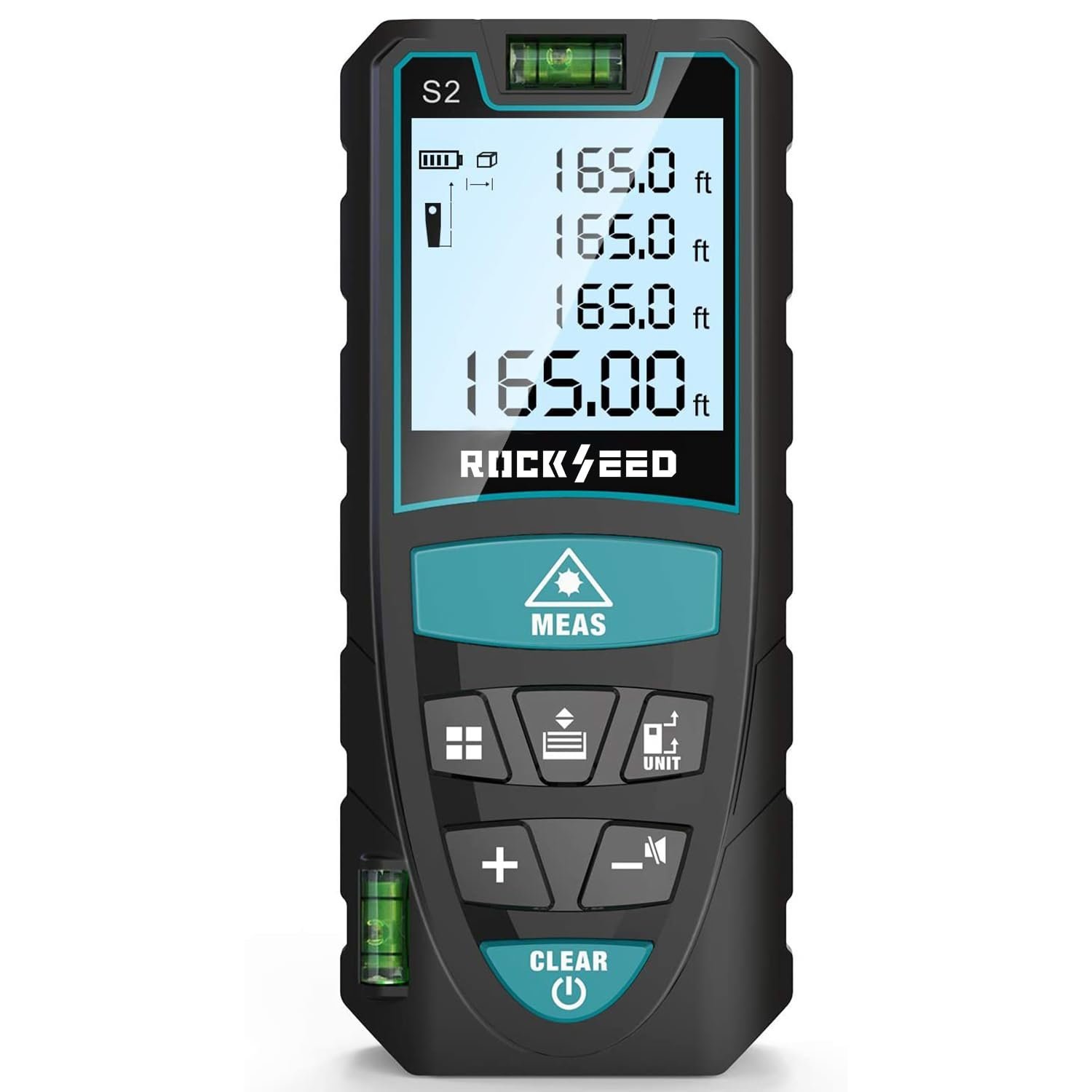 Black and teal laser distance meter displaying multiple measurements in feet