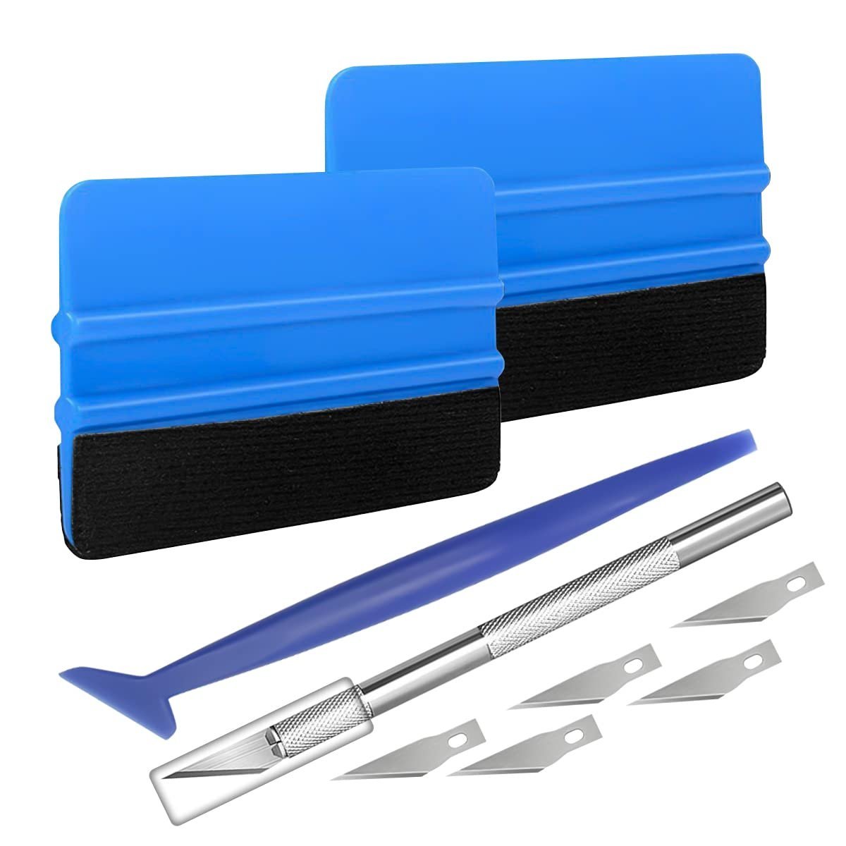 Blue squeegees, a craft knife, and blades for window tinting or vinyl