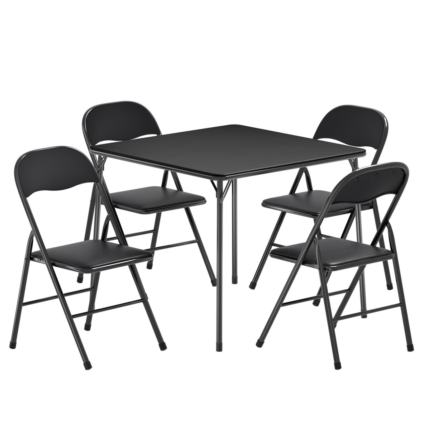 Black square folding table with four matching folding chairs