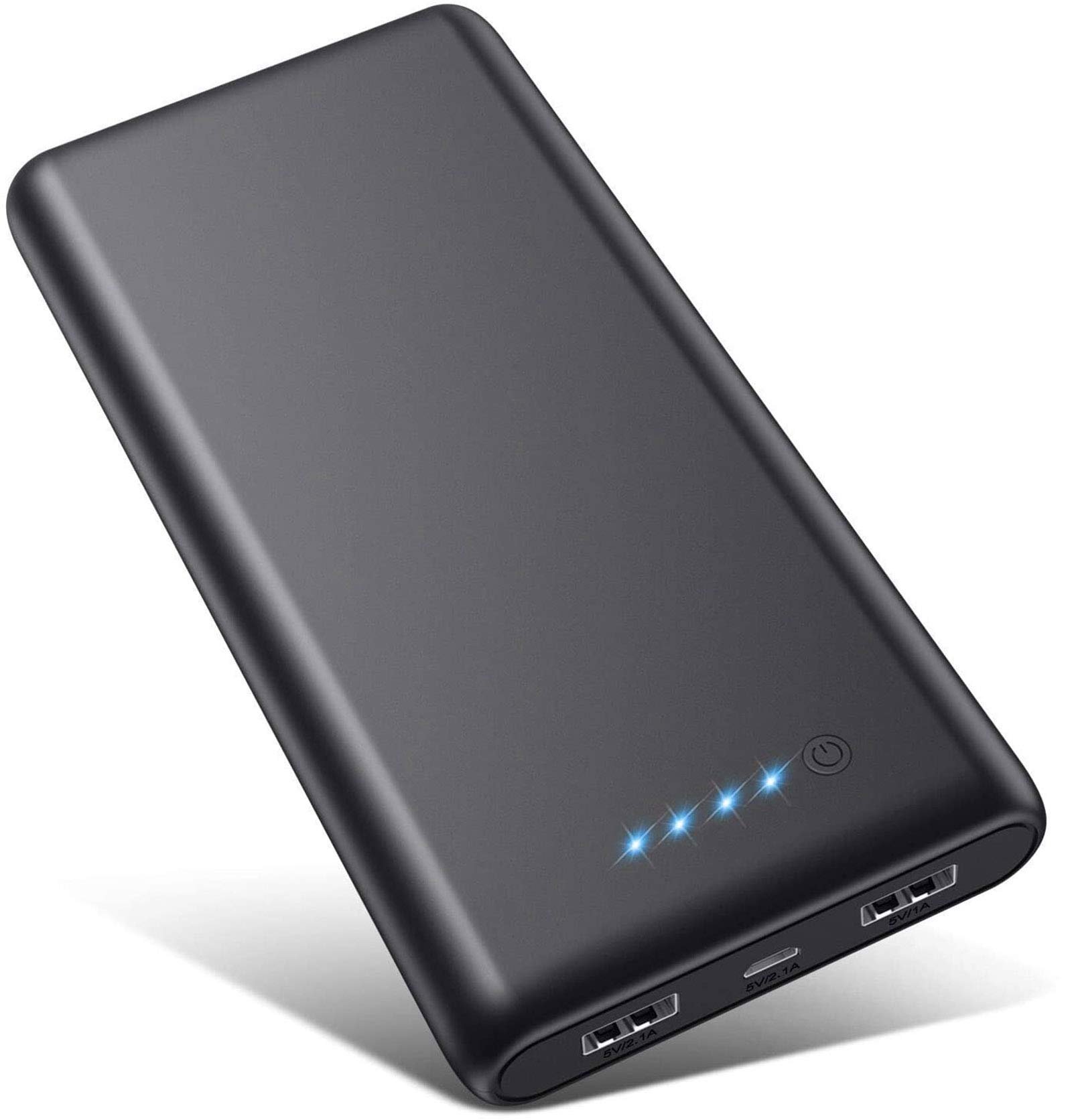 Black portable power bank with glowing blue battery indicator lights