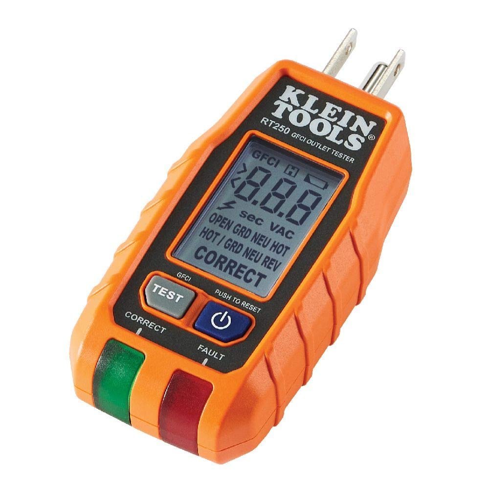 Orange Klein Tools GFCI outlet tester displaying "Correct" on the screen