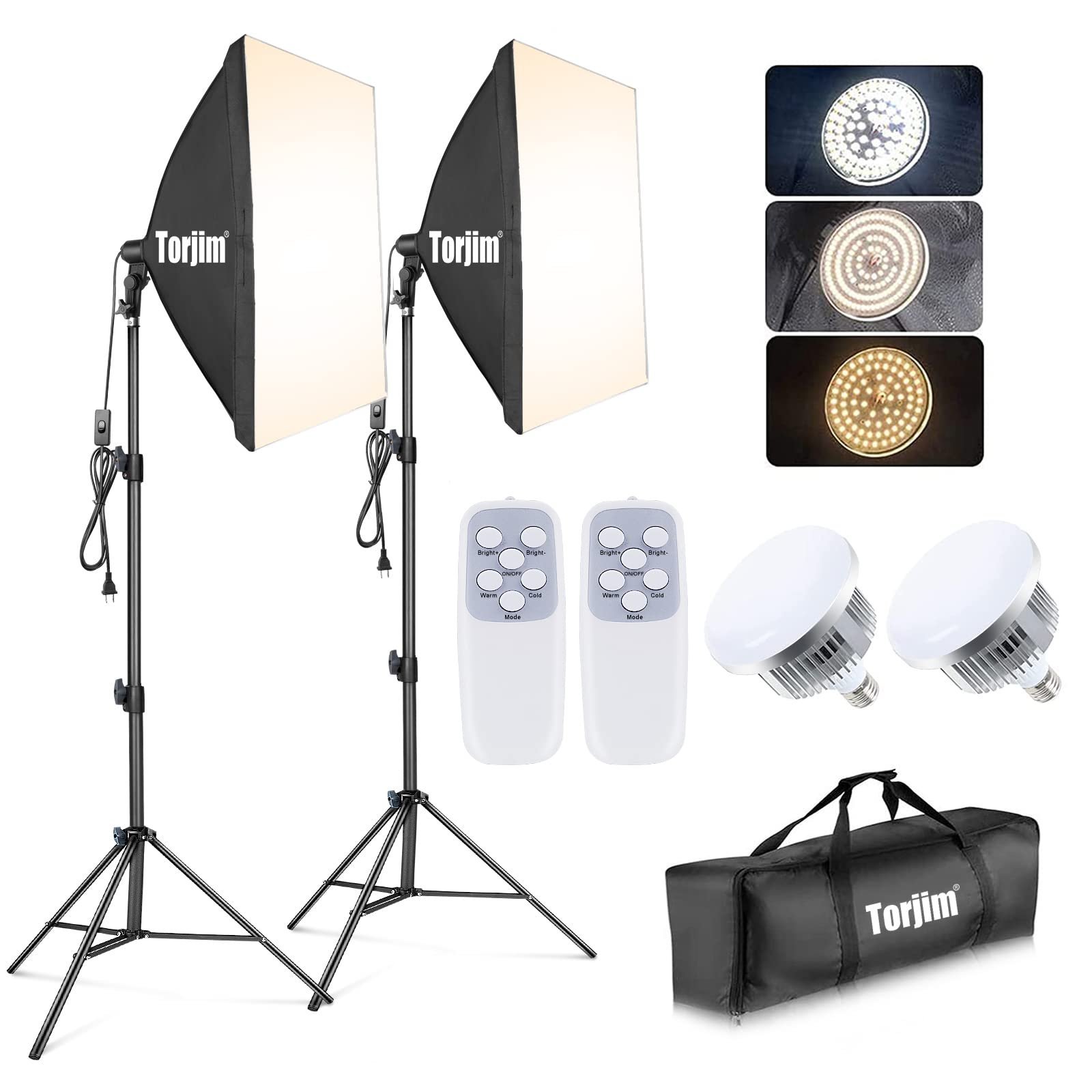 Studio lighting kit with two softboxes, bulbs, remotes, and a carrying bag