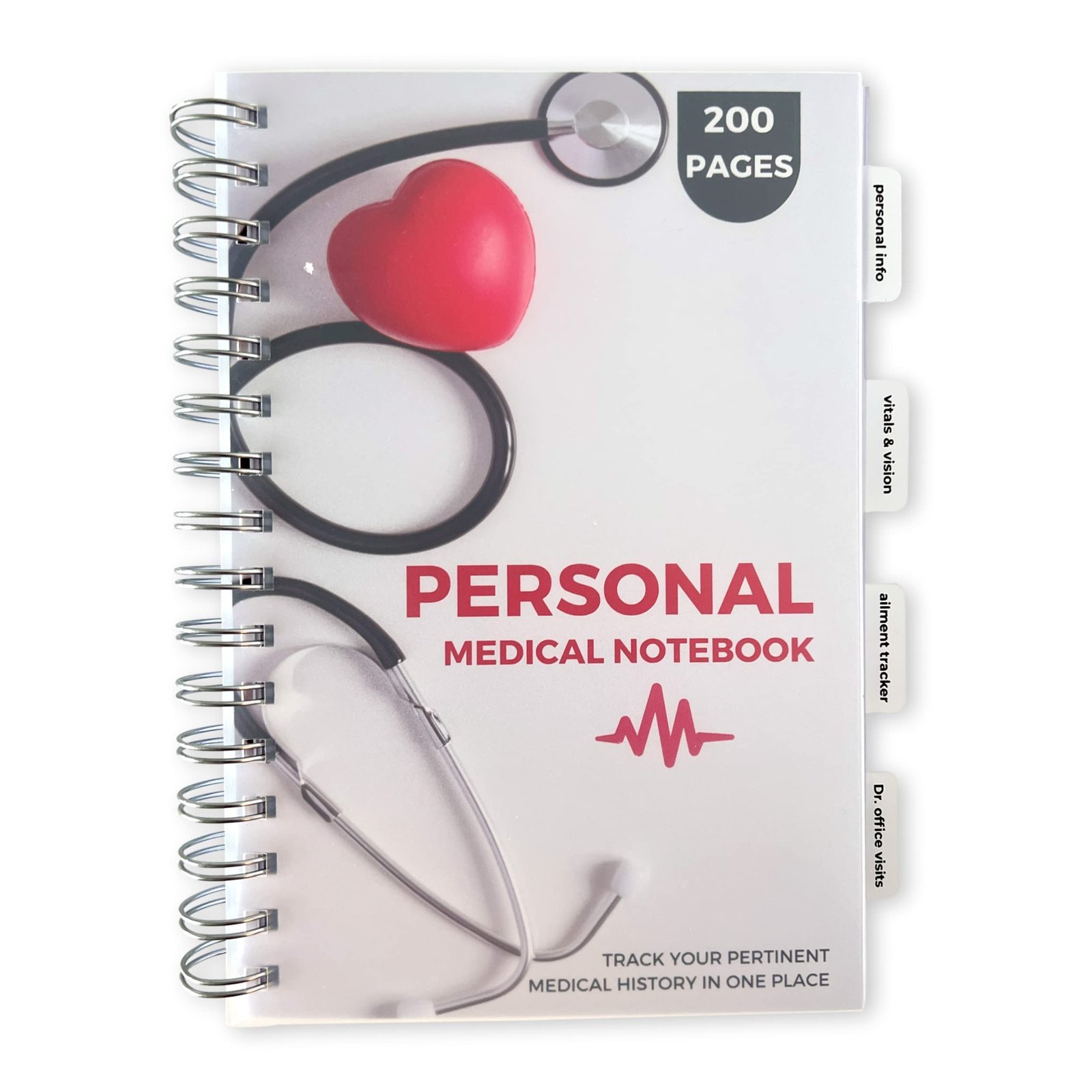 Spiral-bound personal medical notebook with stethoscope, heart, and tabbed sections