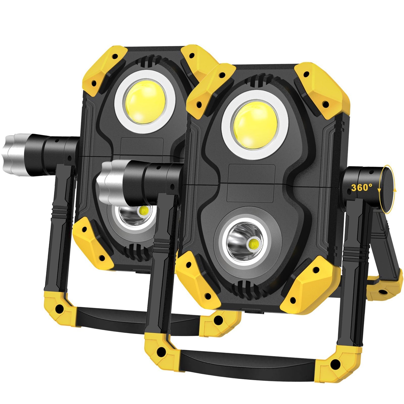 Two black and yellow LED work lights with adjustable stands and flashlights