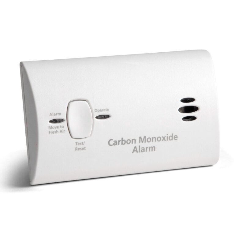 White carbon monoxide alarm with test button and indicator lights