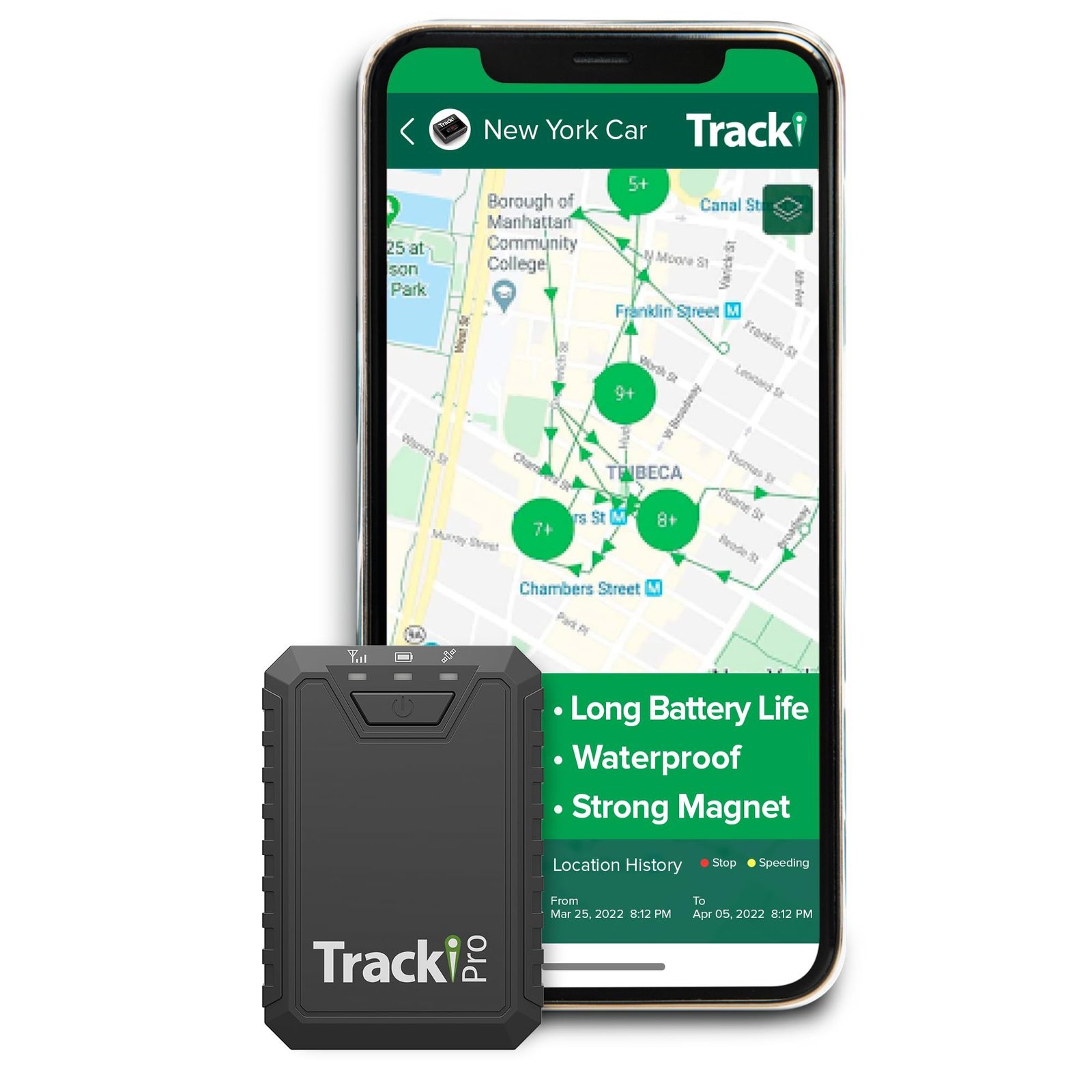 Tracki Pro GPS tracker with map on phone screen showing location history