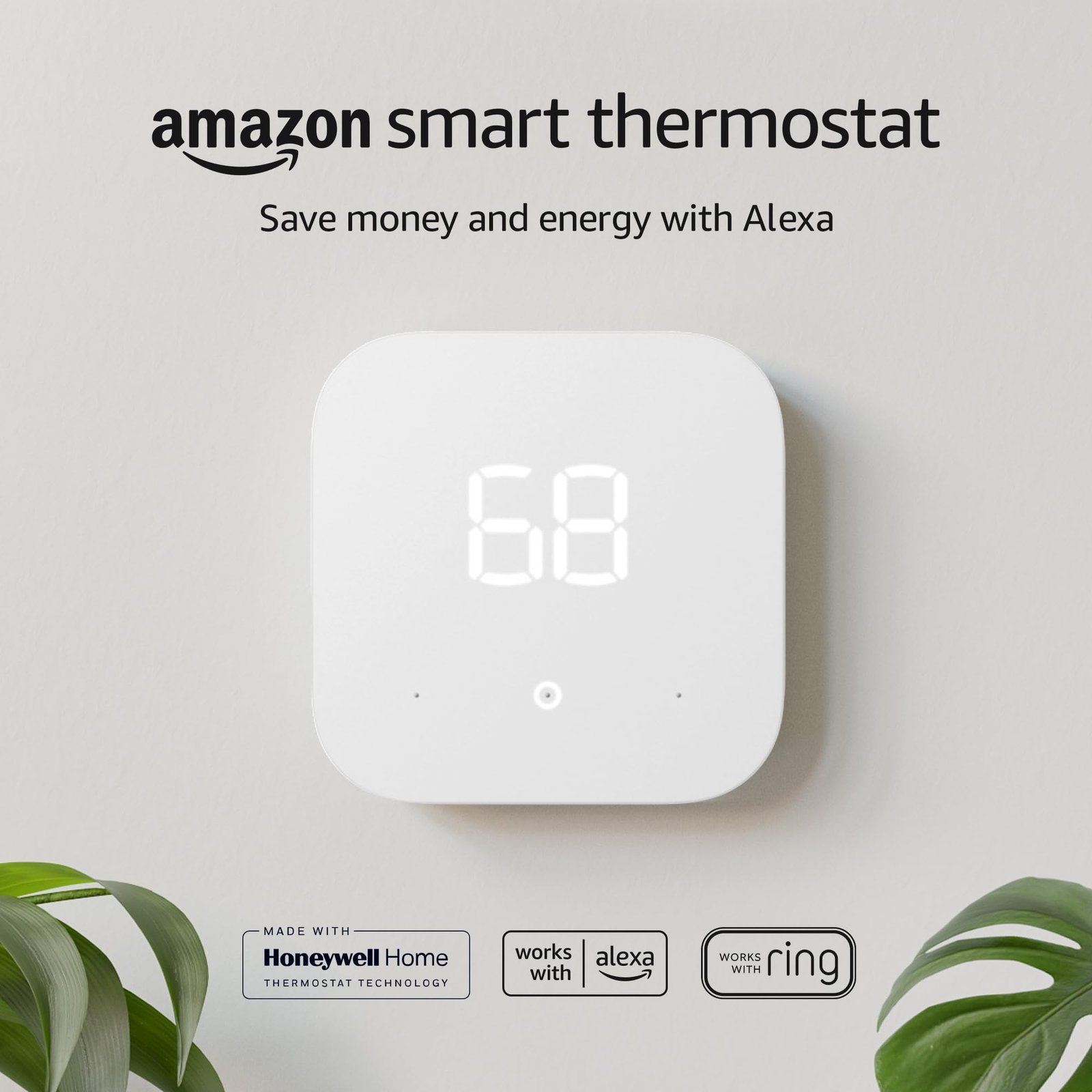 Amazon smart thermostat with a digital display showing the temperature