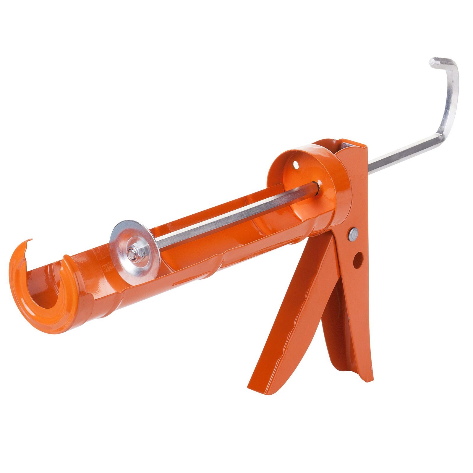 Orange caulk gun with a silver handle and trigger