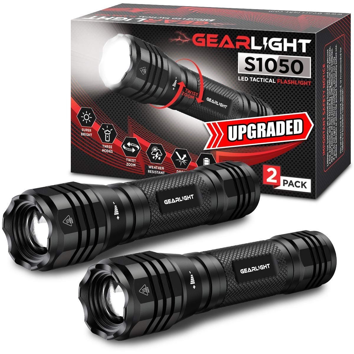 Two Gearlight S1050 LED tactical flashlights with a "2 Pack" box