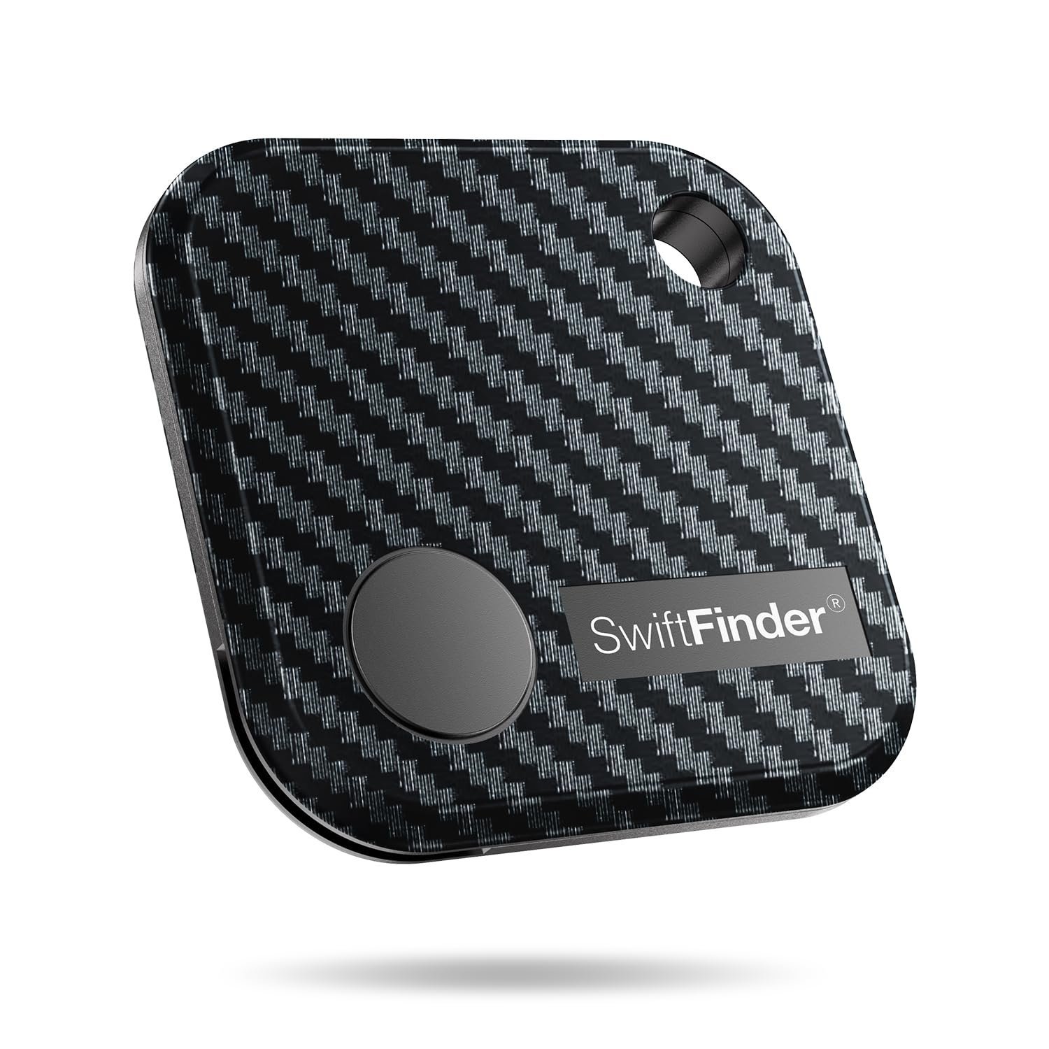 SwiftFinder key tracker with carbon fiber texture and a button