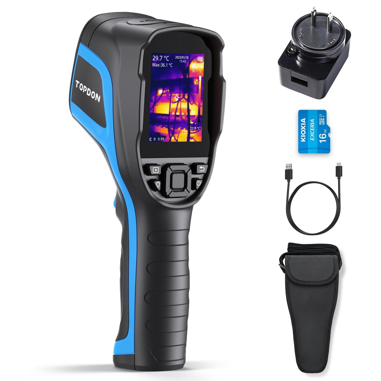 Thermal imaging camera with accessories, including charger, SD card, and case