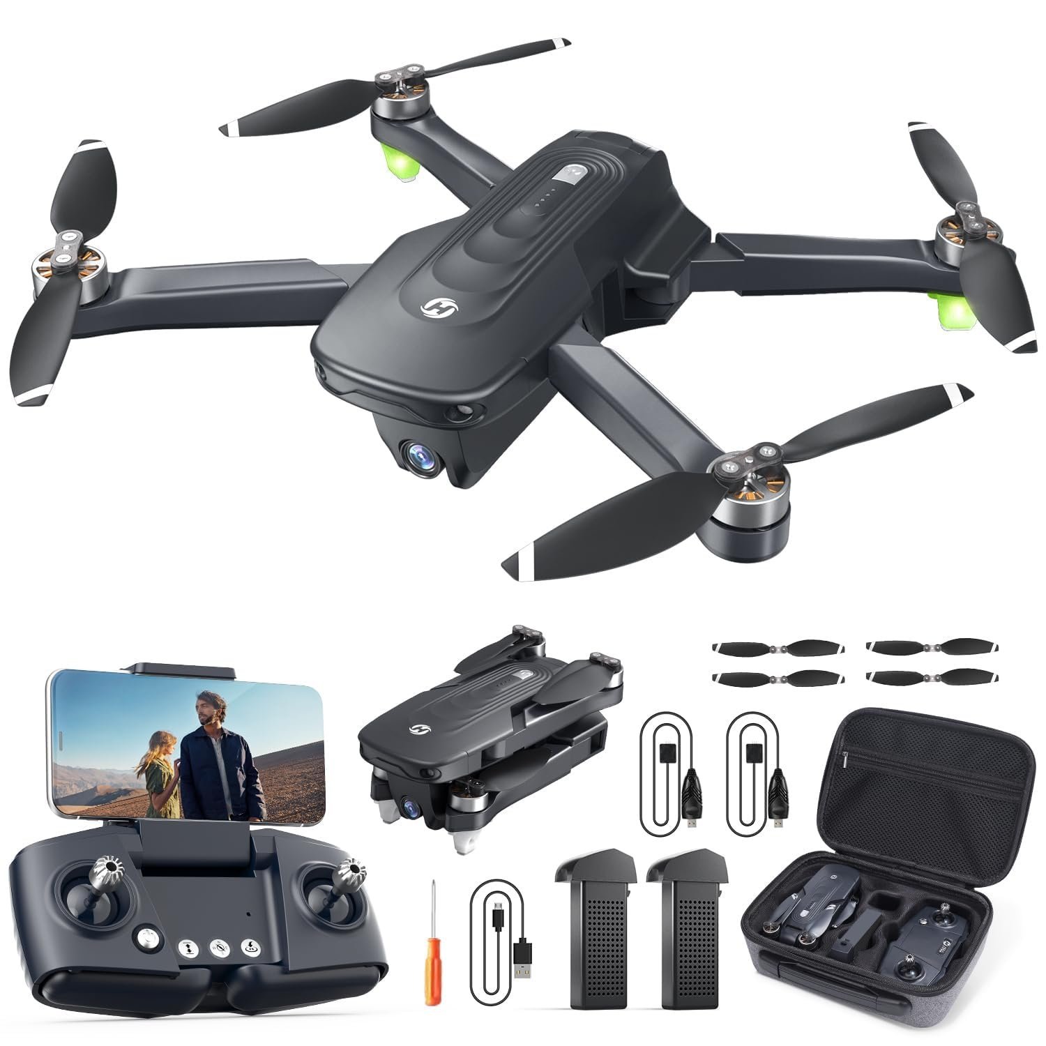 Black drone with accessories, including remote, batteries, and carrying case