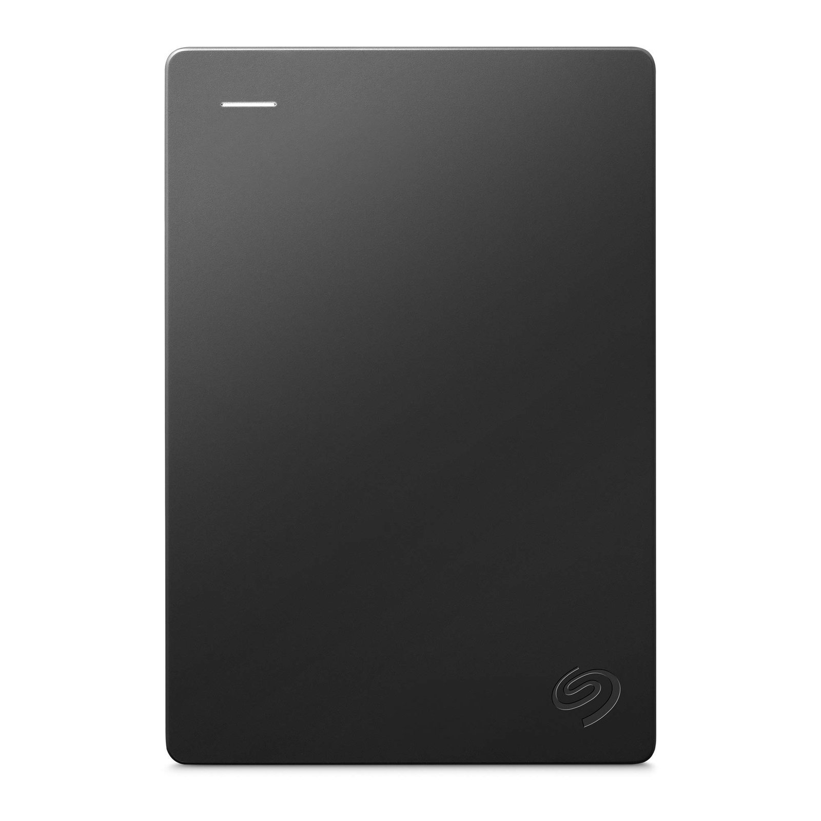 Black Seagate external hard drive with a light and logo