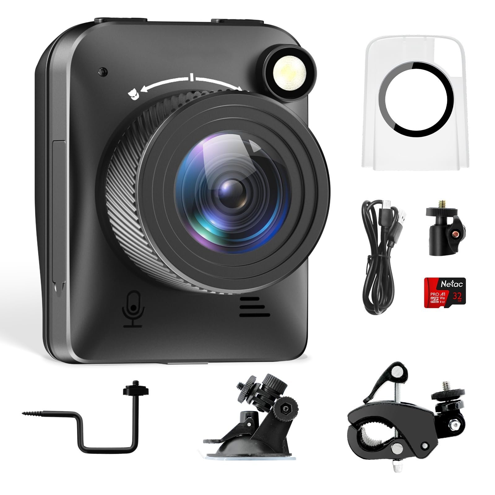 Black dashcam with accessories, including a memory card and mounting hardware