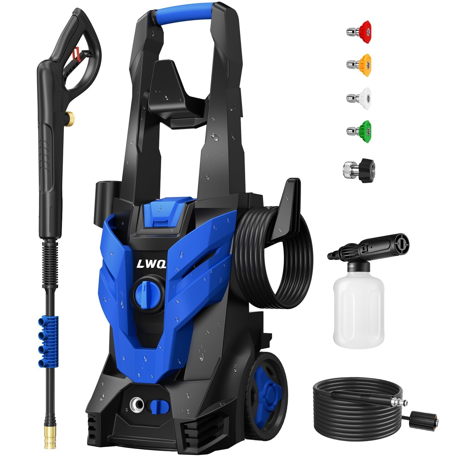 Blue and black pressure washer with accessories, nozzles, and hose