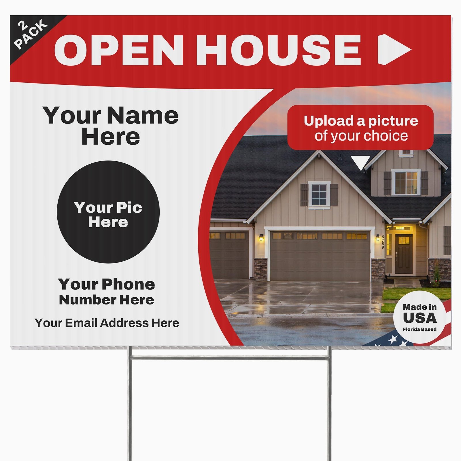 Open house sign with space for name, picture, and contact information, with house image