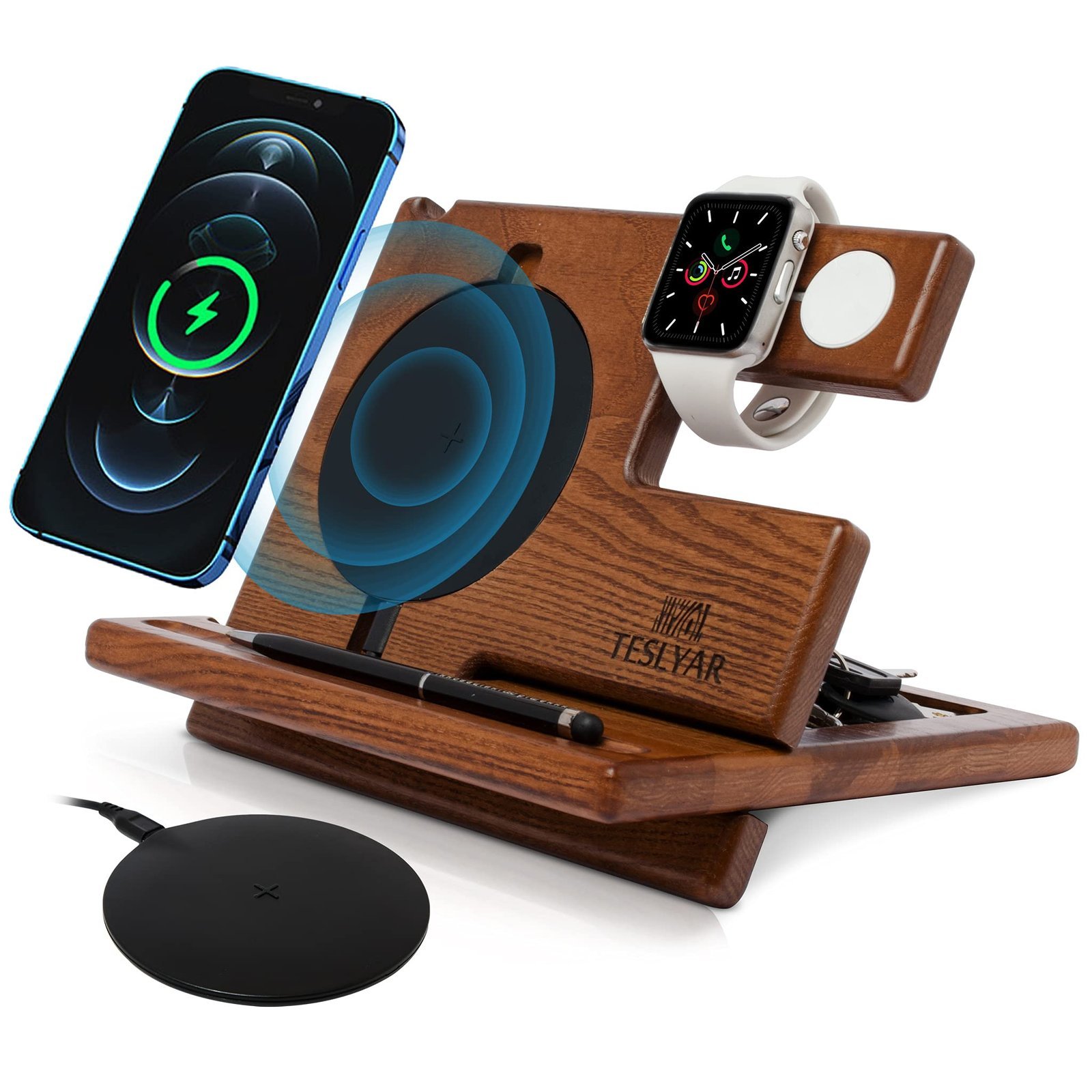 Wooden charging station with phone, smartwatch, and charging pad