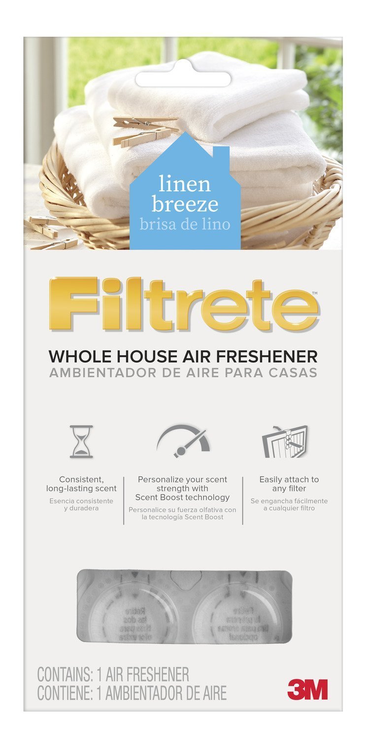 Filtrete air freshener package with linen breeze scent, towels, and clothespins