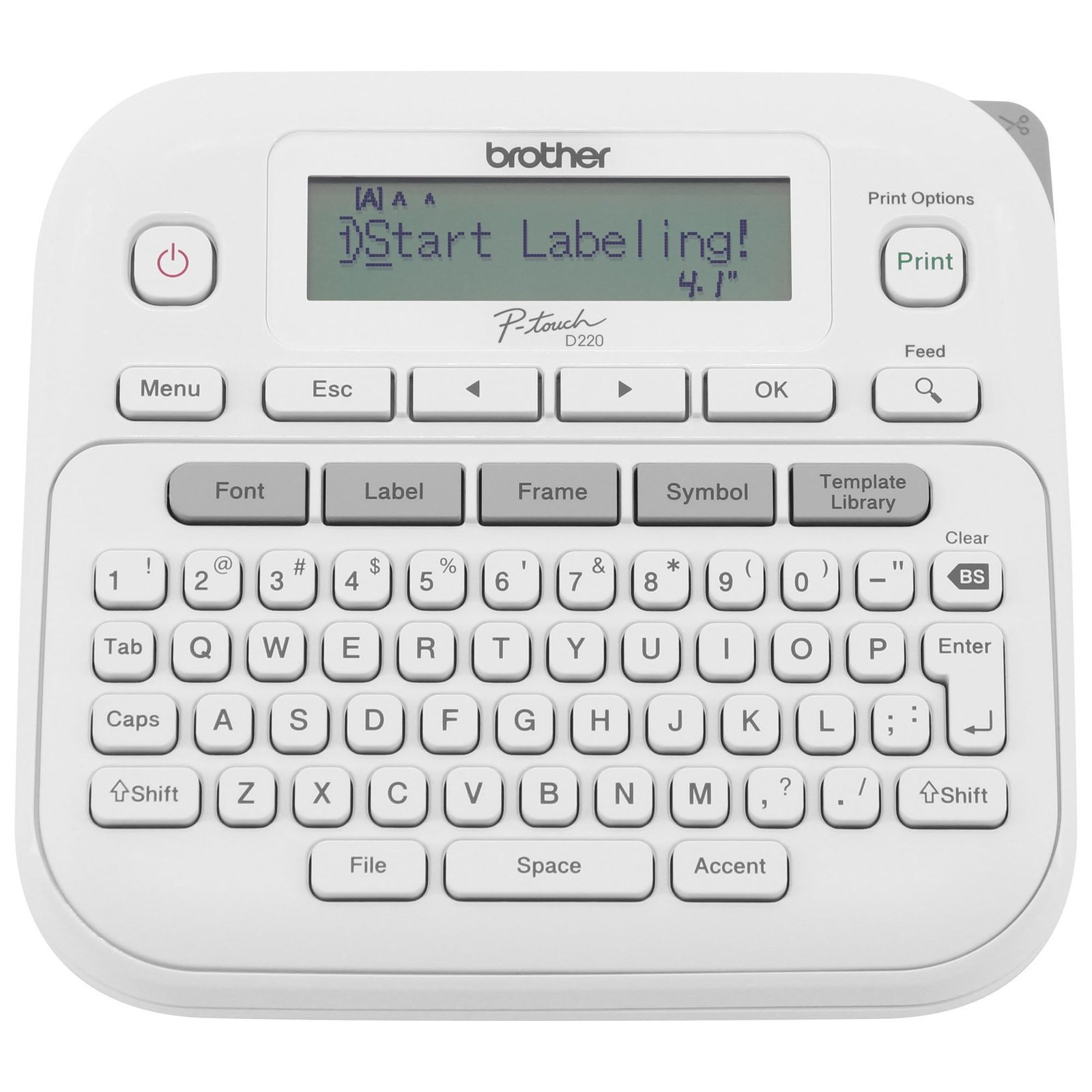 White Brother P-touch label maker with keyboard and "Start Labeling!" on screen